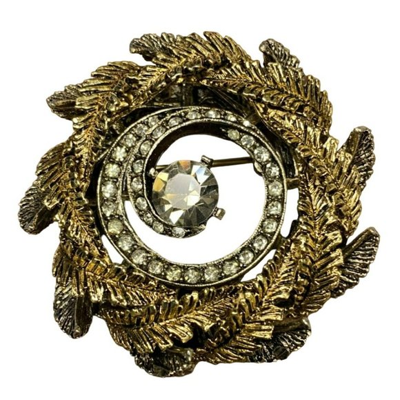 Gorgeous Vintage Signed ART Gold tone and Rhinestone Swirl Wreath Brooch Art Dec - Picture 1 of 4